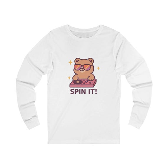 Cool Bear DJ Long Sleeve Tee Spin It, Unisex T-Shirt, Music Lover Gift, Casual Wear, Retro Vibes, Clubwear