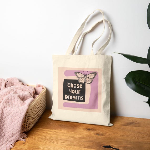 Butterfly Dream Cotton Canvas Tote Bag, Motivational Reusable Shopping Bag