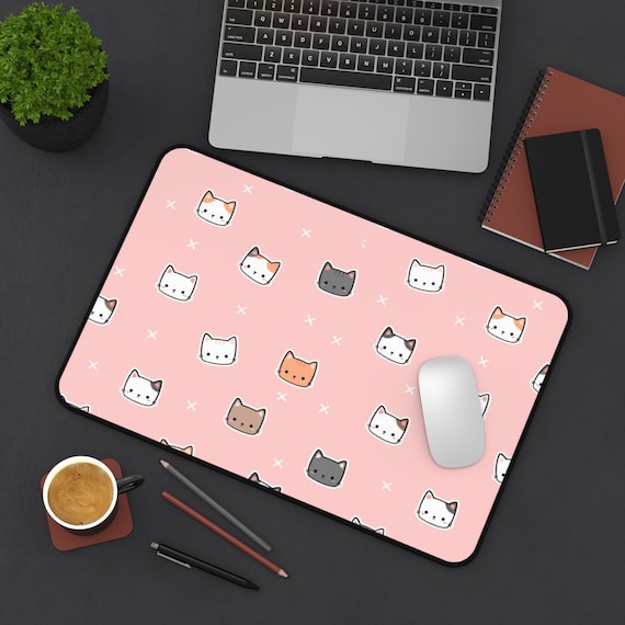 Kawaii Cat Faces Desk Mat | Pink Cat Pattern Mouse Pad