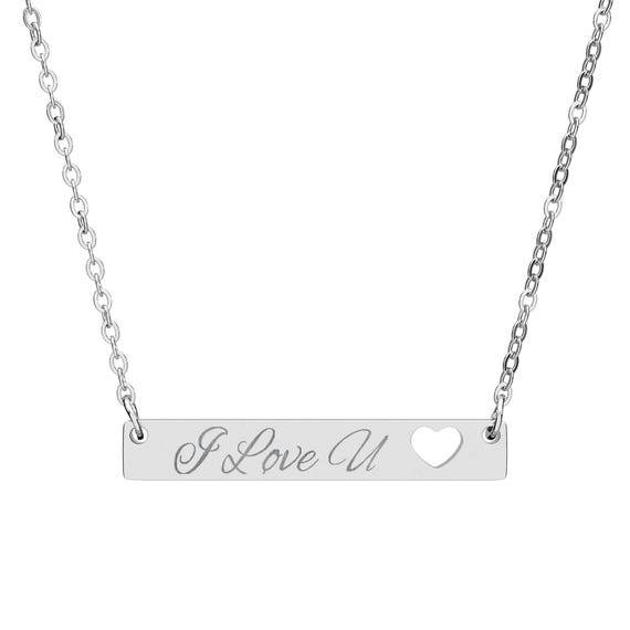 I Love U script bar necklace , Cutout heart bar necklace | Engraved name bar