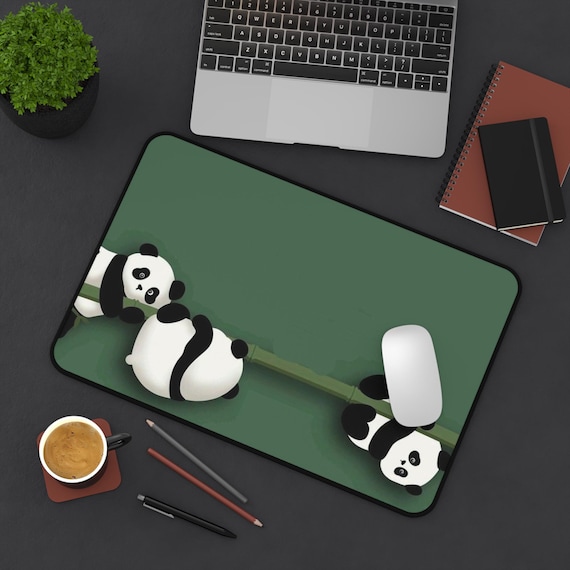 Playful Panda Trio Desk Mat | Green Bamboo Mouse Pad