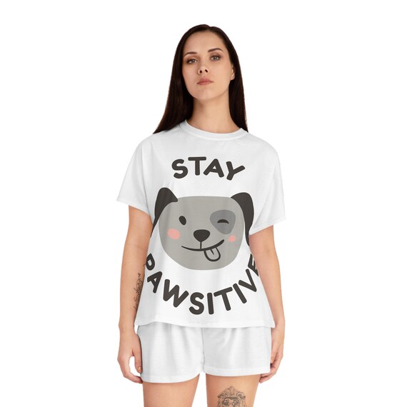 Women's Cute Dog Pajama Set, Stay Pawsitive Sleepwear, Cozy Homewear for Dog Lovers, Cute PJs for Gifts, Fun Pet-Themed Pajamas