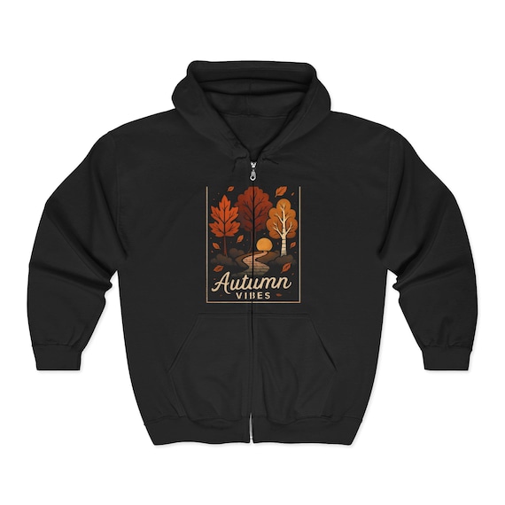 Autumn Vibes Zip Hoodie: Embroidered Fall Sweatshirt