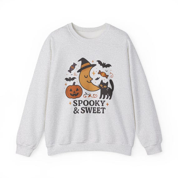 Halloween Crewneck Sweatshirt: Spooky Sweet Cat, Pumpkin, Moon Design