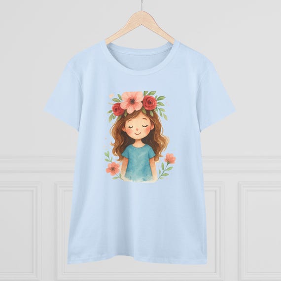 Floral Girl Graphic Tee: Women's Midweight Cotton T-Shirt