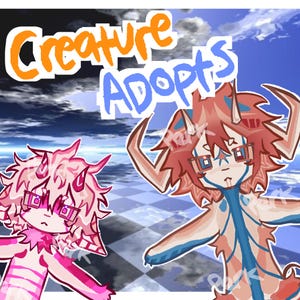 Puede incluir: Ilustración de dos criaturas de dibujos animados con cuernos y características únicas. El texto "Creature Adopts" está escrito en naranja y azul. El fondo presenta un cielo y un patrón de tablero de ajedrez.
