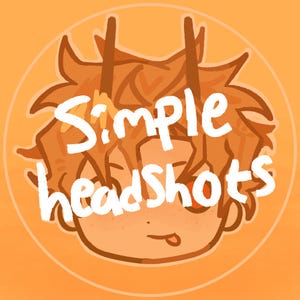 May include: An orange cartoon illustration of a person with orange hair and the text "Simple headshots" in white. The person has a small smile and a tongue sticking out. The image is set against an orange background.