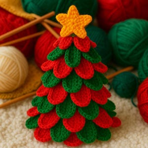 May include: A handmade crochet Christmas tree with red and green leaf-shaped sections and a yellow star on top. The tree is surrounded by balls of yarn in red, green, and cream colors, suggesting a crafting theme. The tree is a festive holiday decoration.