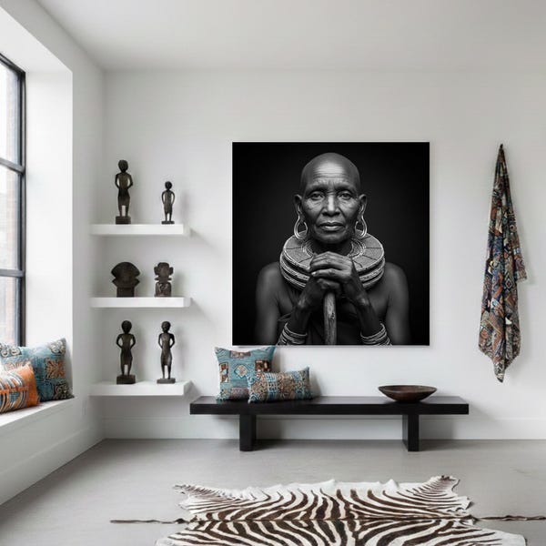 Tribal Maasai Woman Portrait | Black and White African Decor Boho Home Wall Art (Digital Download)