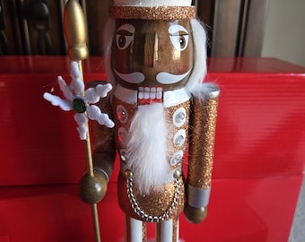 African American Glitter Nutcracker | Gold & White Holiday Decor | Sparkly Soldier Nutcracker