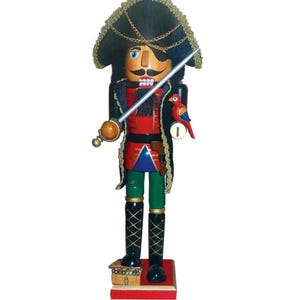 Wooden Swashbuckler/Pirate Nutcracker – Hand-Painted Christmas Decor – Sword & Parrot Nutcracker Figure