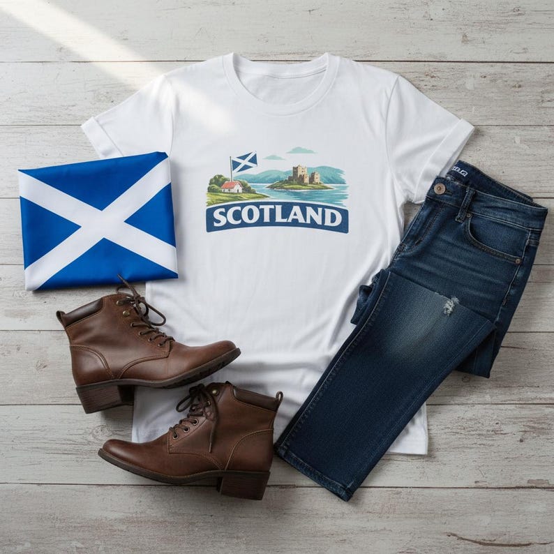 May include: A white t-shirt with a graphic of a Scottish landscape and the word "SCOTLAND" in blue. The image also includes a folded Scottish flag, dark wash jeans, and brown leather boots.