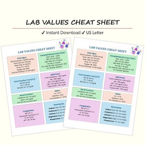 May include: Two printable "Lab Values Cheat Sheet" documents with medical information, including vital signs, blood counts, and lipid panels. The documents are on US Letter paper and are available for instant download.