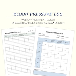 May include: Two white sheets of paper with the text "BLOOD PRESSURE LOG" printed in blue. One sheet has a weekly and monthly tracker with columns for date, time, systolic, diastolic, heart rate, and notes. The other sheet has a weekly log.
