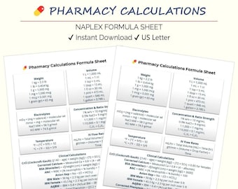 Pharmacy Calculations Formula Sheet | NAPLEX Dosage Conversion Chart | Clinical Formulas Printable PDF
