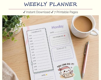 Afdrukbare weekplanner, kawaii-pagina's met dagschema