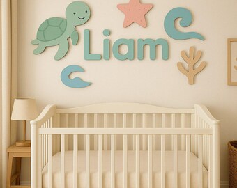 Personalized Ocean Nursery Sign: Wooden Sea Turtle Coastal Decor
