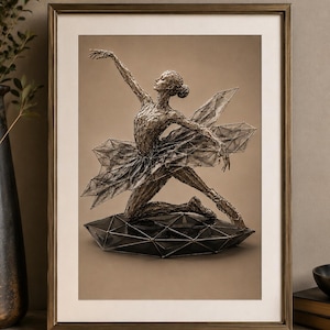May include: A framed wall art print featuring a bronze-toned, geometric wireframe sculpture of a ballerina in a kneeling pose. The figure is composed of interconnected triangular facets, set against a solid, muted tan background within a frame.