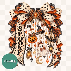 May include: A decorative Halloween bow featuring cream fabric with black polka dots and orange plaid accents. The bow includes hanging charms of a jack-o'-lantern, a witch hat, a ghost, a lantern, and a crescent moon. The word SPOOKY is printed on a ribbon.