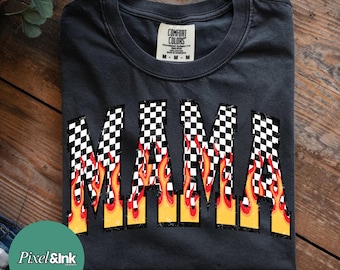 Mama Checkered Flame SVG PNG, Racing Mama Varsity Letters, Retro Checkerboard Fire Mom Shirt Mothers Day Design, Sublimation Cricut Download
