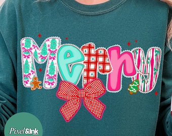 Merry Christmas Graphic Tee Design, Plaid Pattern (Digital Download)