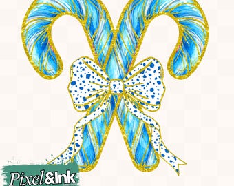 Blue Candy Cane Clipart: Gold Glitter Bow, Holiday Design (SVG PNG PDF)