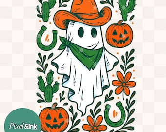 Western-Halloween-PNG-Datei, Cowboy-Geist-T-Shirt-Grafik, Kaktus-Kürbis-Digitaldownload