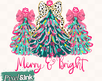 Merry and Bright Christmas T Shirt SVG PNG, Coquette Leopard Bow, Preppy 3 Tree Design, Colorful Holiday Graphic Tee Sublimation Trendy pink