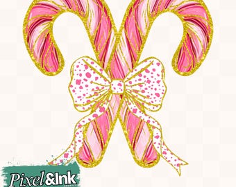 Candy Cane Bow Clipart: coquette preppy Pink & Gold Glitter girly festive Christmas SVG PNG (Digital Download)