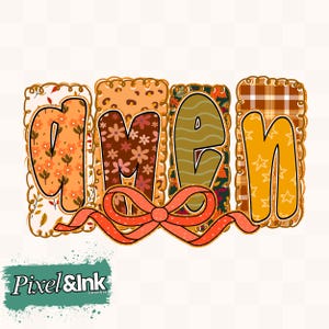 Op de afbeelding: Een decoratieve afbeelding met het woord "AMEN" in een kleurrijk, patroonontwerp. De letters zijn gevuld met bloemen-, ruit- en sterpatronen, omlijnd in zwart en verbonden door een strik. De afbeelding heeft een witte achtergrond.