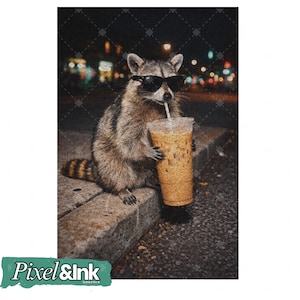 May include: A raccoon wearing sunglasses and holding a large iced coffee with a straw. The raccoon is sitting on a concrete ledge with a blurred city background at night. The image has a Pixel & Ink graphic.