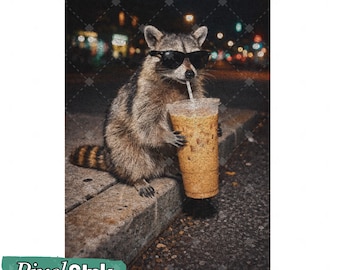 Mapache divertido tomando café helado PNG, diseño de meme de mapache (descarga digital - svg, png, pdf)