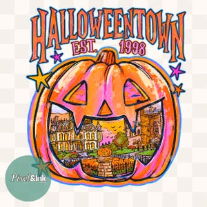 May include: A graphic design featuring the text HALLOWEENTOWN EST. 1998 in orange and blue. A large orange jack-o'-lantern with a carved mouth reveals a detailed illustration of a spooky mansion, a stone fence, and a small pumpkin on a pedestal.
