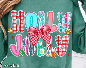 Holly Jolly Whimsical Christmas Shirt Gingerbread Holiday Design Merry Christmas patterned Lace outlined letters Sublimation Festive Graphic