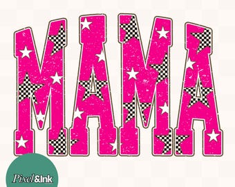 Retro Mama Rock Star Graphic, Pink Checkered Stars (Digital Download)