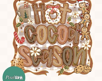 Hot Cocoa Season PNG brushstroke Gingerbread, Christmas Shirt Design, Holiday Cookie Graphic, Cozy Season Sublimation Download gingham frame