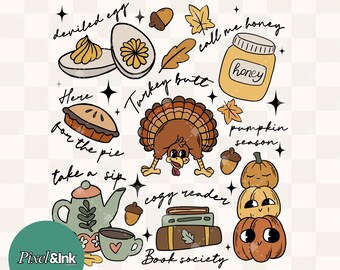 Thanksgiving Vibes PNG Boekachtig herfstshirtontwerp Gezellige lezer Kalkoenafbeelding Herfst Digitale download herfst kalkoen handgetekende kinderbestseller