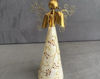 Pier 1 VTG Capiz Shell Angel Gold Red Metal Wings Playing Lyre Tree Topper Decor