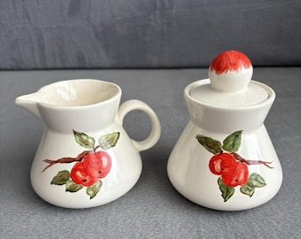 Apple Red Cream And Sugar Set Hand painted Vintage Dinnerware MCM Handmade