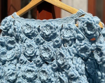 Hand-Knitted Wool Sweater - Blue Floral Design
