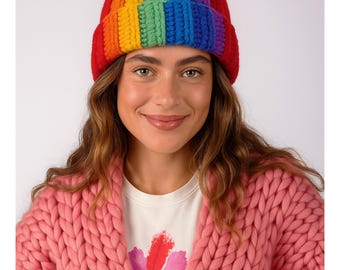 Hand-Knitted, woolen beanie cap. 100% made from wool and hand knitted. Rainbow colored