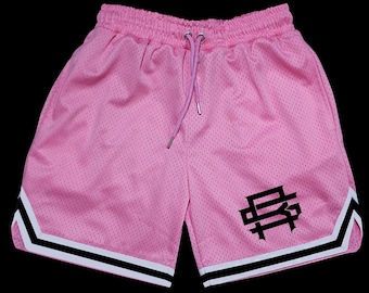 Pink Mesh Athletic Shorts – Punisher Skull, Chevron Stripes