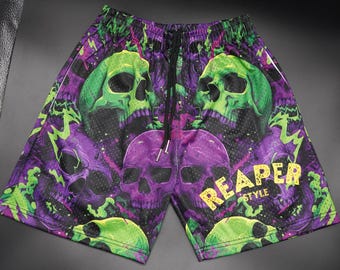 Handmade Reaper Style Mesh Shorts – Printed Skull Gym Wear