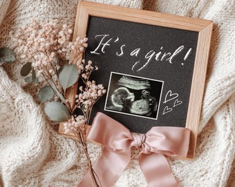 Baby Girl Gender Announcement Digital: Boho Minimalist Social Media Pregnancy Gender Reveal (Editable Template BB401)