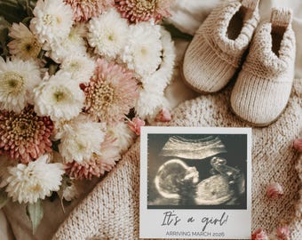 Baby Girl Gender Announcement Digital: Simple Boho Minimalist Floral Social Media Pregnancy Gender Reveal (Editable Template BB406)