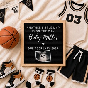 Plantilla editable para anunciar el embarazo de un jugador de baloncesto, el segundo o tercer bebé (pequeño MVP), la llegada del hermano mayor y la revelación en redes sociales.
