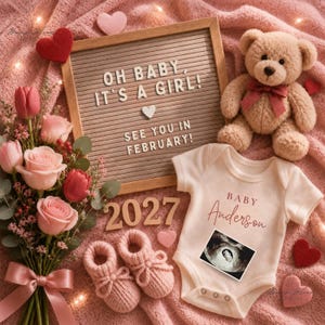 May include: A felt letter board with the text OH BABY, IT'S A GIRL! SEE YOU IN FEBRUARY! next to a tan teddy bear with a red bow, a cream baby bodysuit with the text BABY Anderson and an ultrasound image, pink booties, and pink roses.