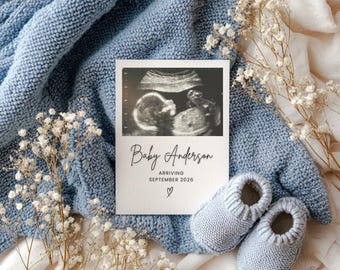 Baby Boy Gender Announcement Digital: Simple Boho Minimalist Onesie Social Media Pregnancy Gender Reveal (Editable Template BB449)