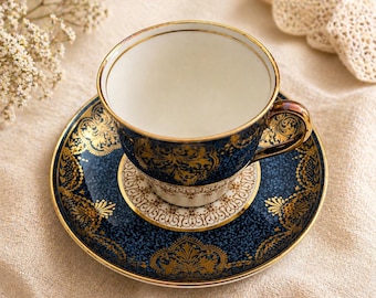 Vintage Aynsley Bone China Teacup and Saucer Set, Cobalt Blue & Gold, Davis Collamore NY, 11 Cups 12 saucers