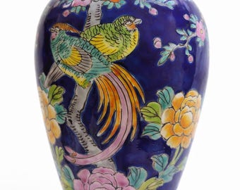 Mid-Century Japanese Kutani-Style Vase, Hand-Painted Pheasants & Flowers on Cobalt Blue Porcelain, 7.25”